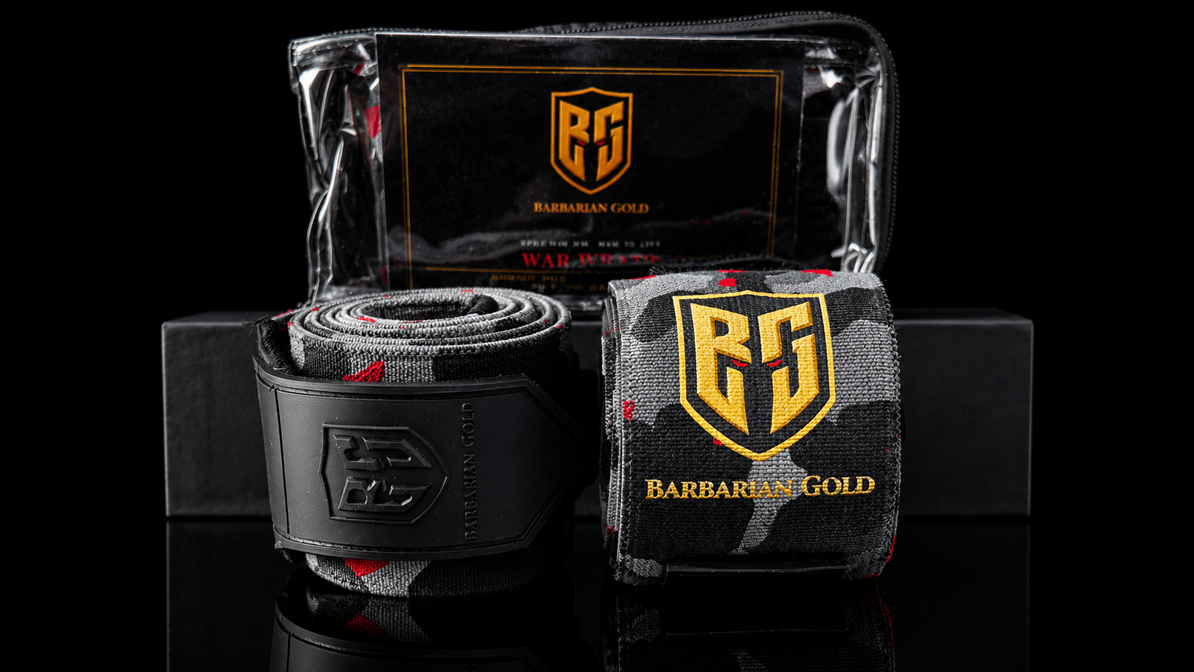 WAR WRAPS Elbow Wraps front packshot with pouch and box - BARBARIAN GOLD