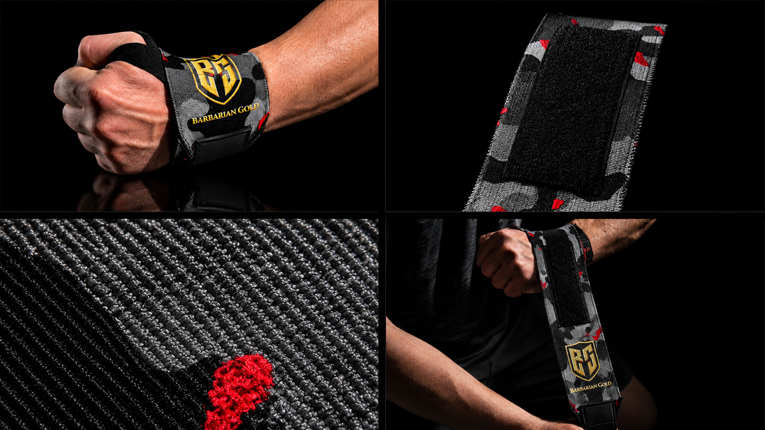 WAR WRAPS Wrist Wraps use and material detail collage - BARBARIAN GOLD
